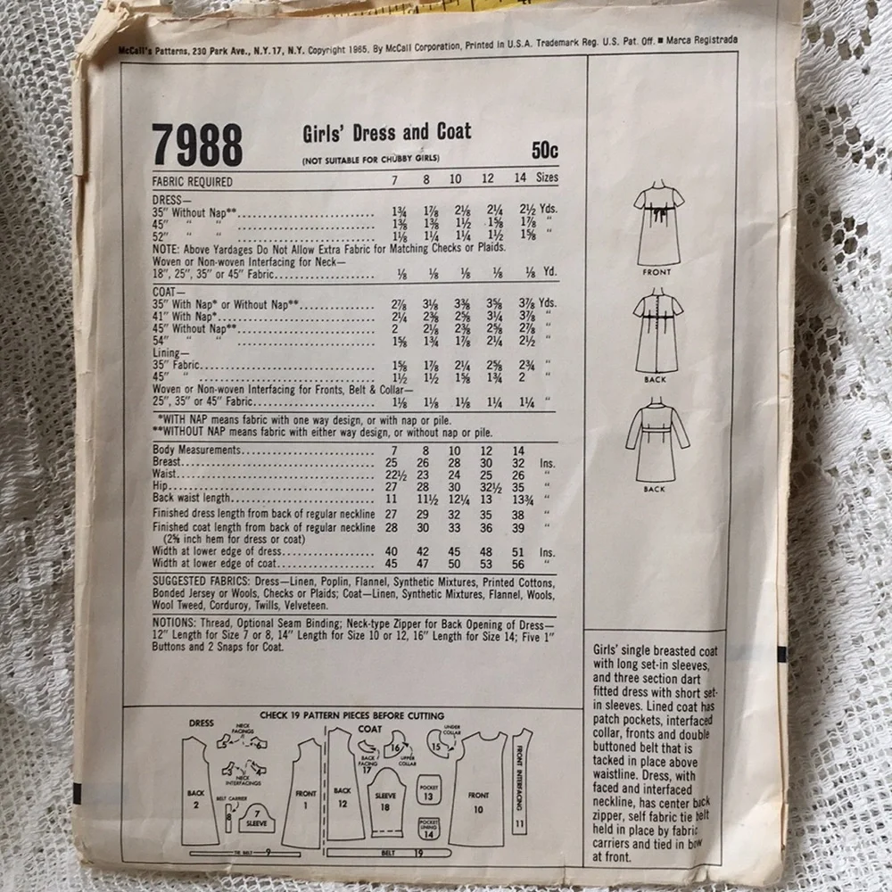 1960s sewing pattern McCall’s 7988 dress & coat, chest 25”